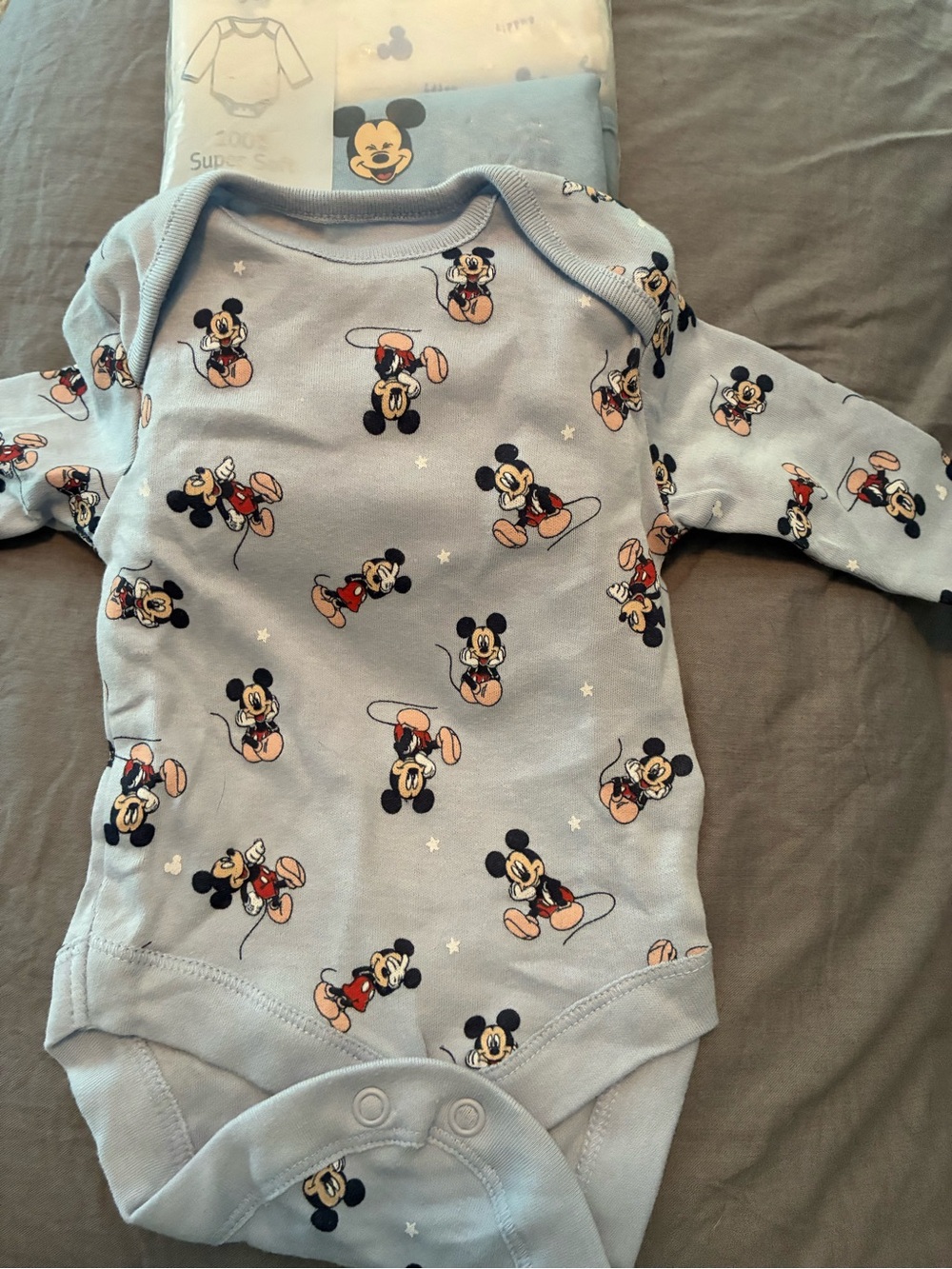 Disney Light Blue Mickey Mouse Long-Sleeve Bodysuit. Set of 7. NEW